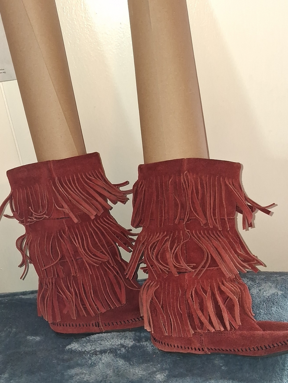 Minnetonka Red Mocassin Suede With 3 Rows Of Fringe Ankle Boots